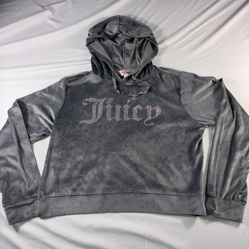 Juicy Couture Sleepwear Bedazzled Velour Hoodie‎ VTG Y2K Womens L Gray